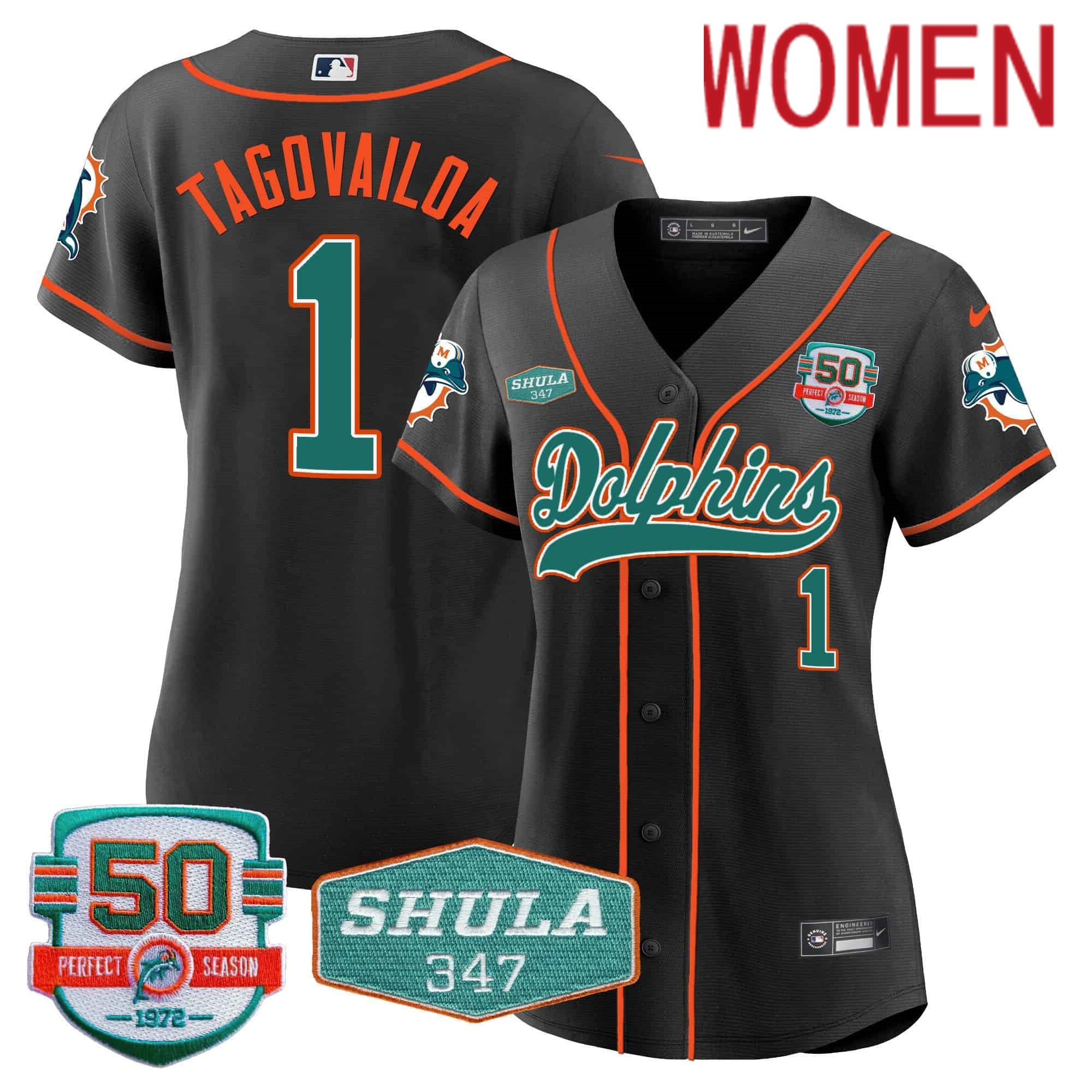 Women Miami Dolphins #1 Tagovailoa Black 2024 Nike 50th Don Shula Memorial Patch Baseball NFL Jersey style 1->women nfl jersey->Women Jersey
